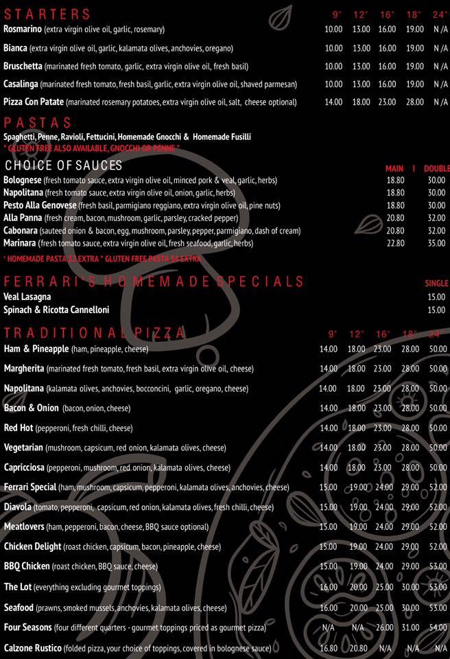 Menu at Ferrari's Gourmet Pizzeria, Glynde