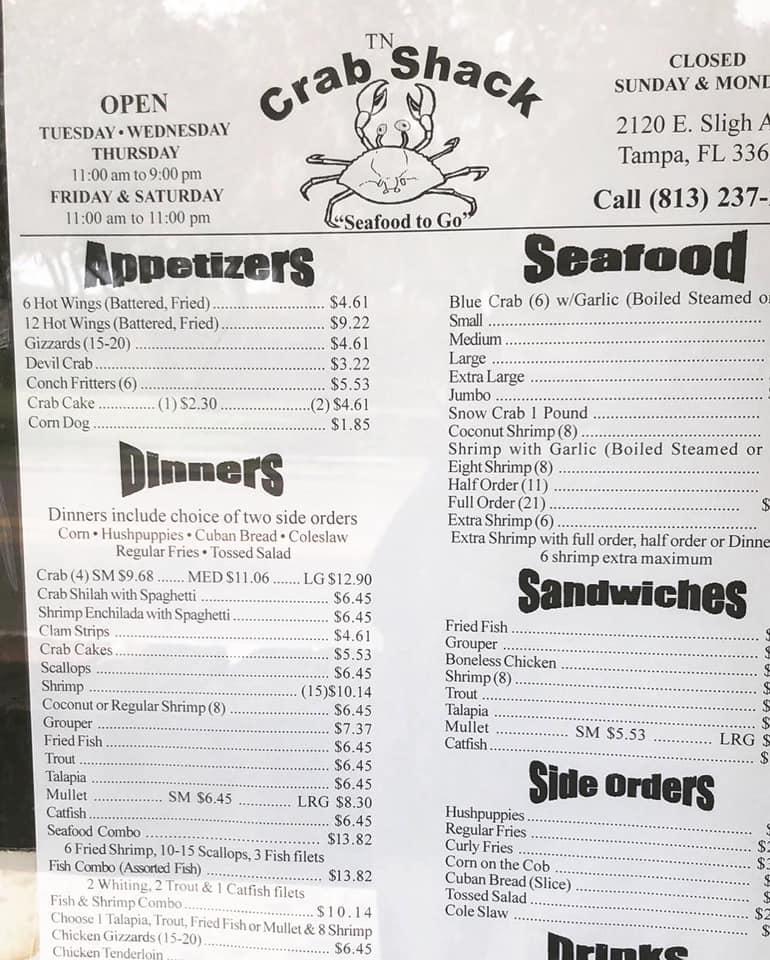 Menu at T N Crab Shack restaurant, Tampa