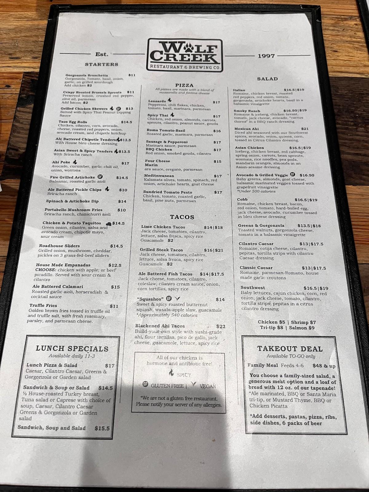 Menu at Wolf Creek Restaurant, Santa Clarita, McBean Pkwy