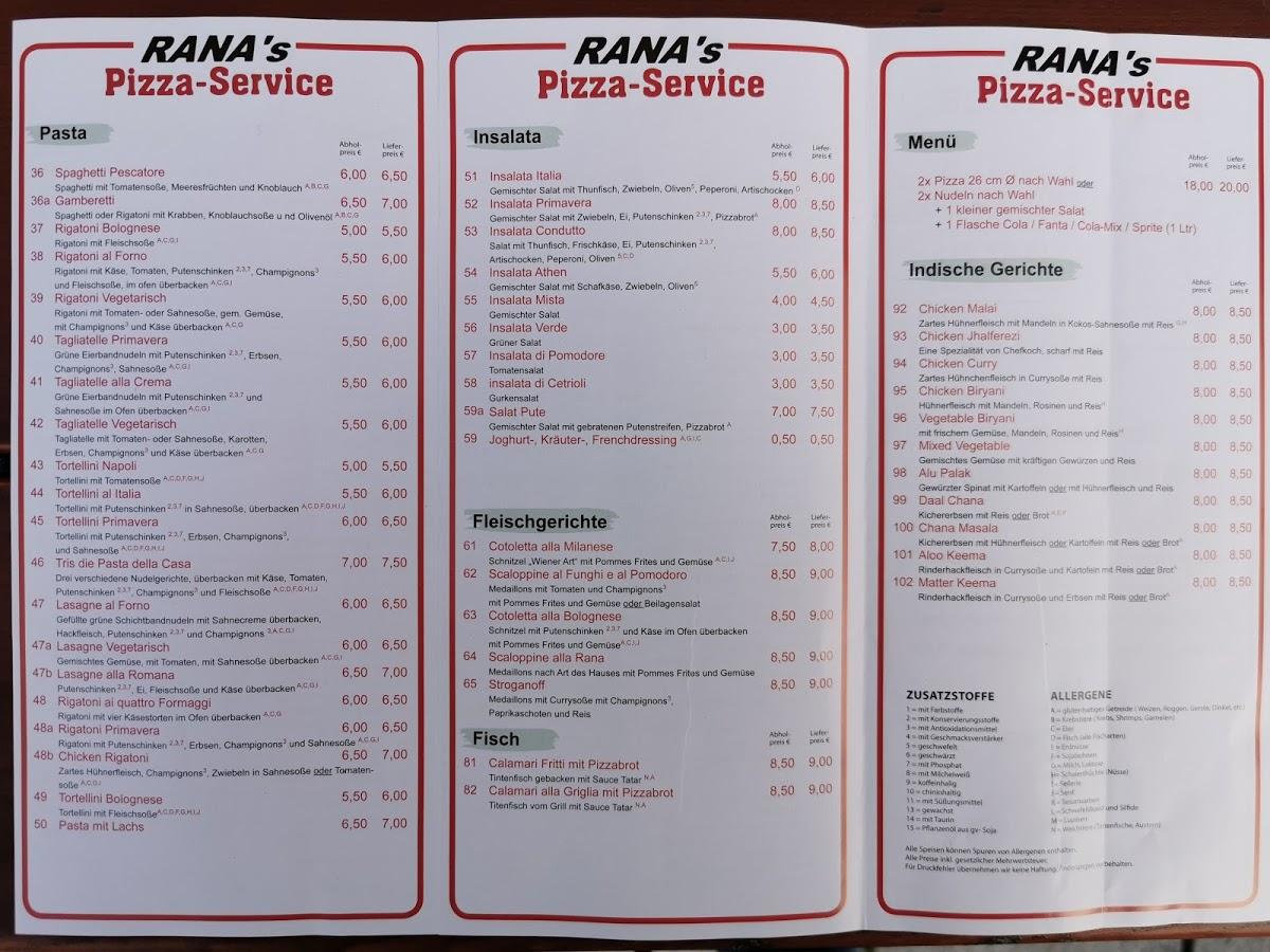 Speisekarte von Pizzaservice Rana, Eggenfelden