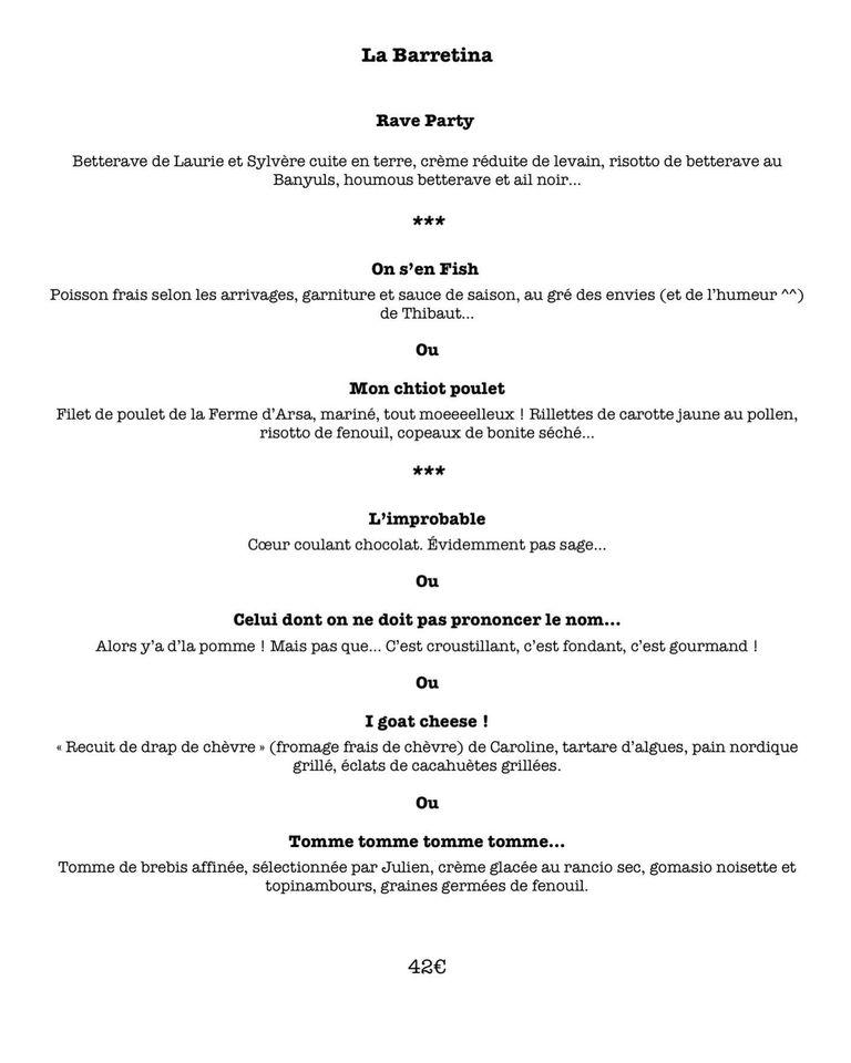 Carta de Restaurant la Bartavelle, Argelès-sur-Mer