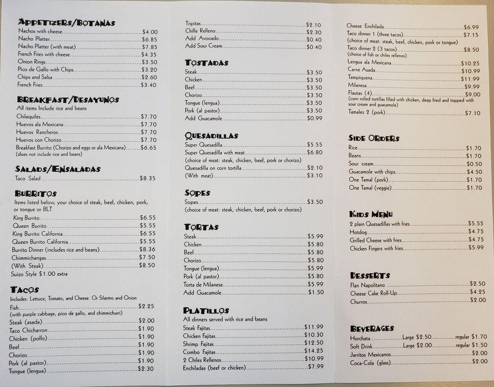 Menu at Paul's Burrito Express restaurant, Barrington