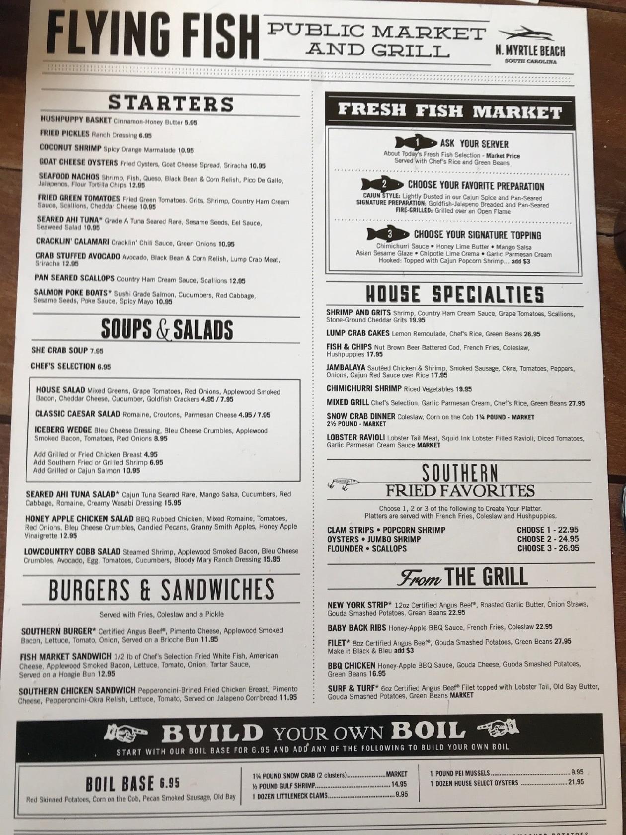 Carta de Flying Fish Public Market & Grill, North Myrtle Beach