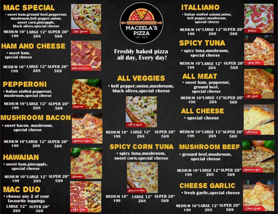 Menu at Maczela's Pizza restaurant, Pasig