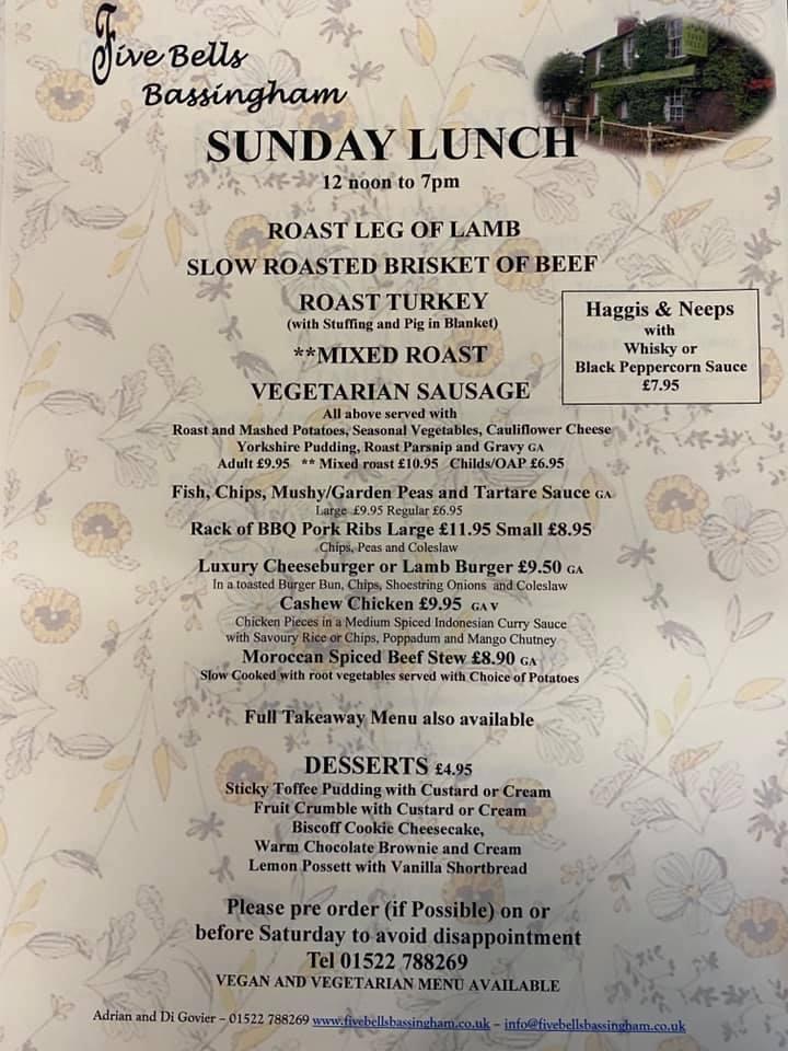 Menu at The Five Bells pub & bar, Bassingham