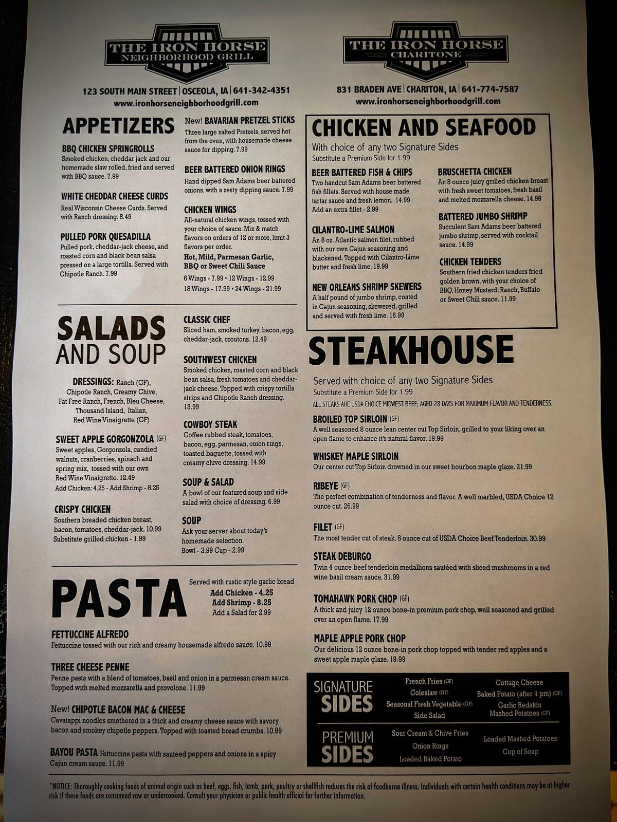 Menu at The Iron Horse Charitone restaurant, Chariton