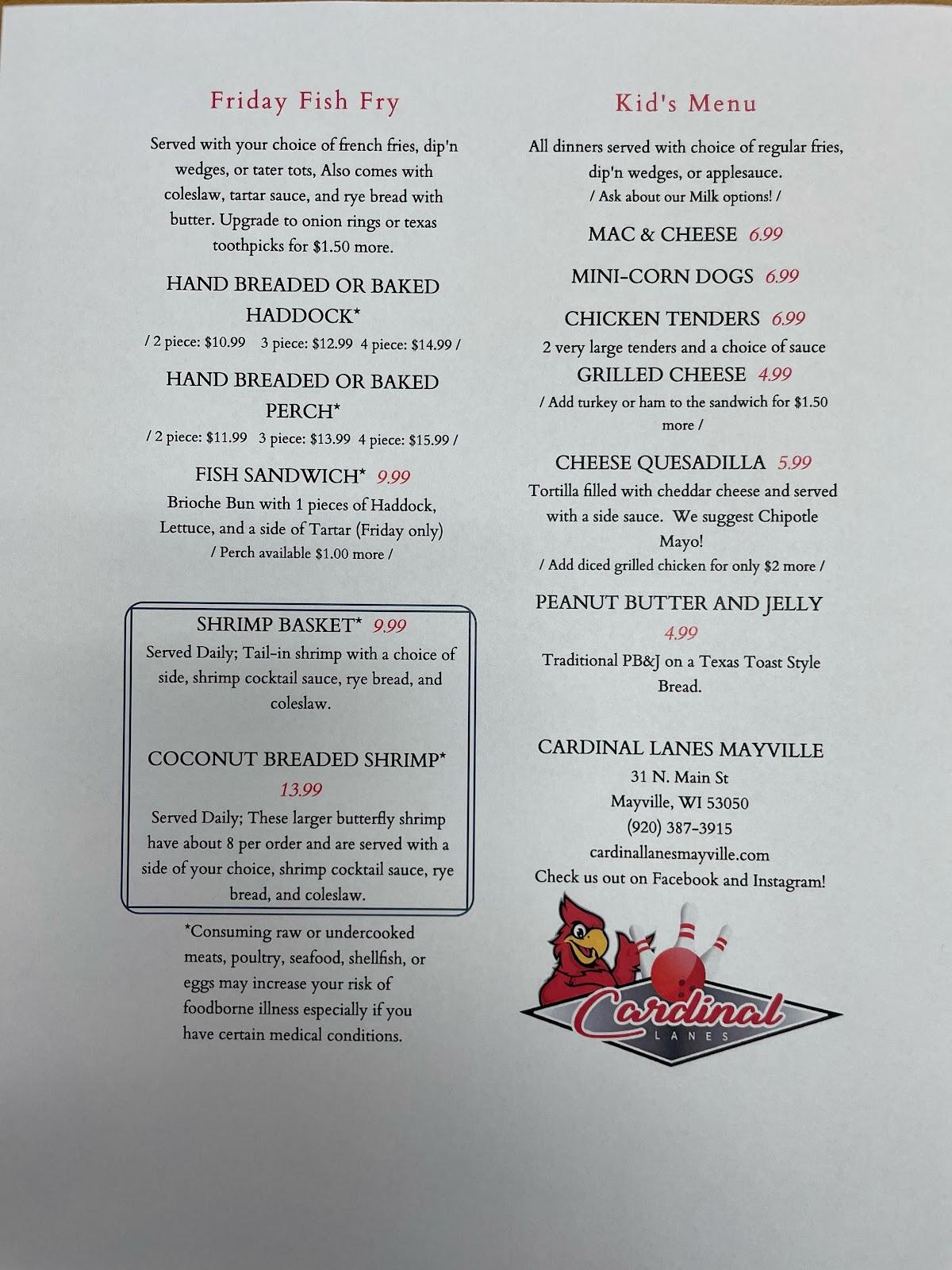 Menu at Cardinal Lanes Mayville pub & bar, Mayville