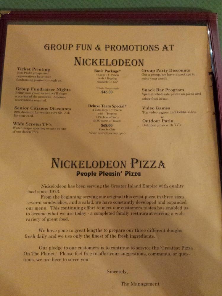 Menu at Nickelodeon Pizza pizzeria, Colton, E Washington St