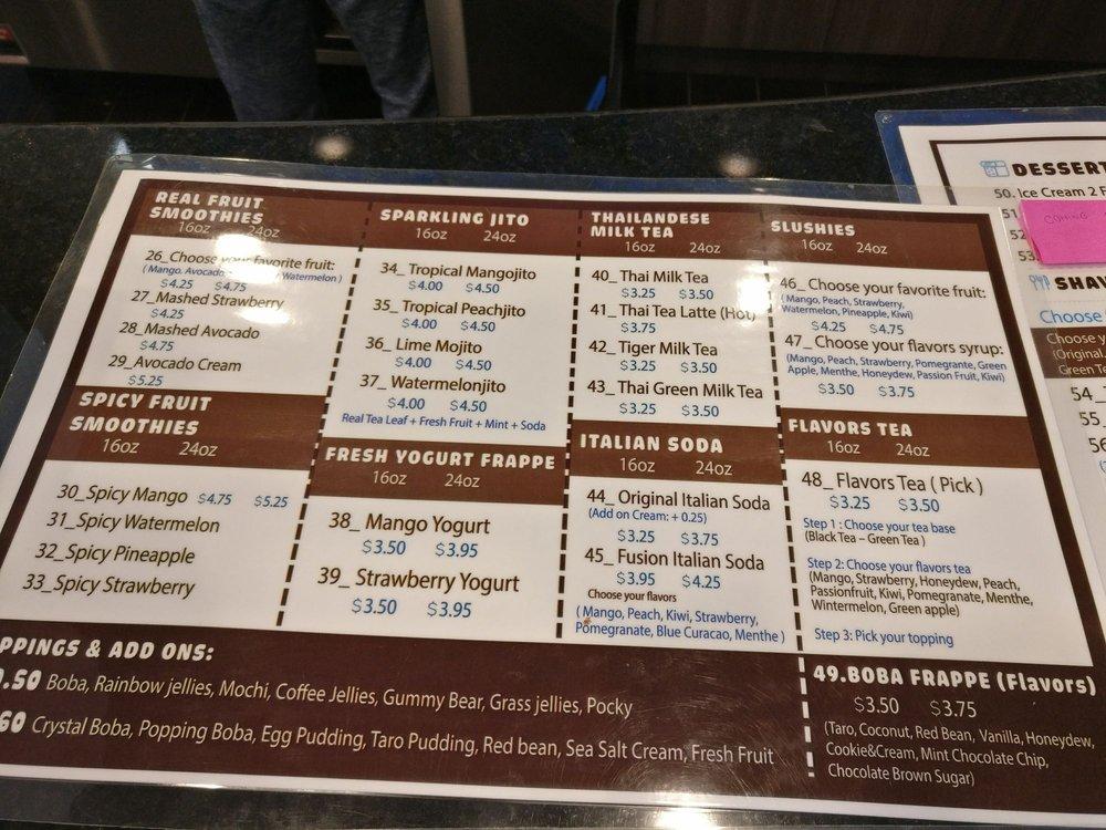 Menu at Boba Island cafe, Houston