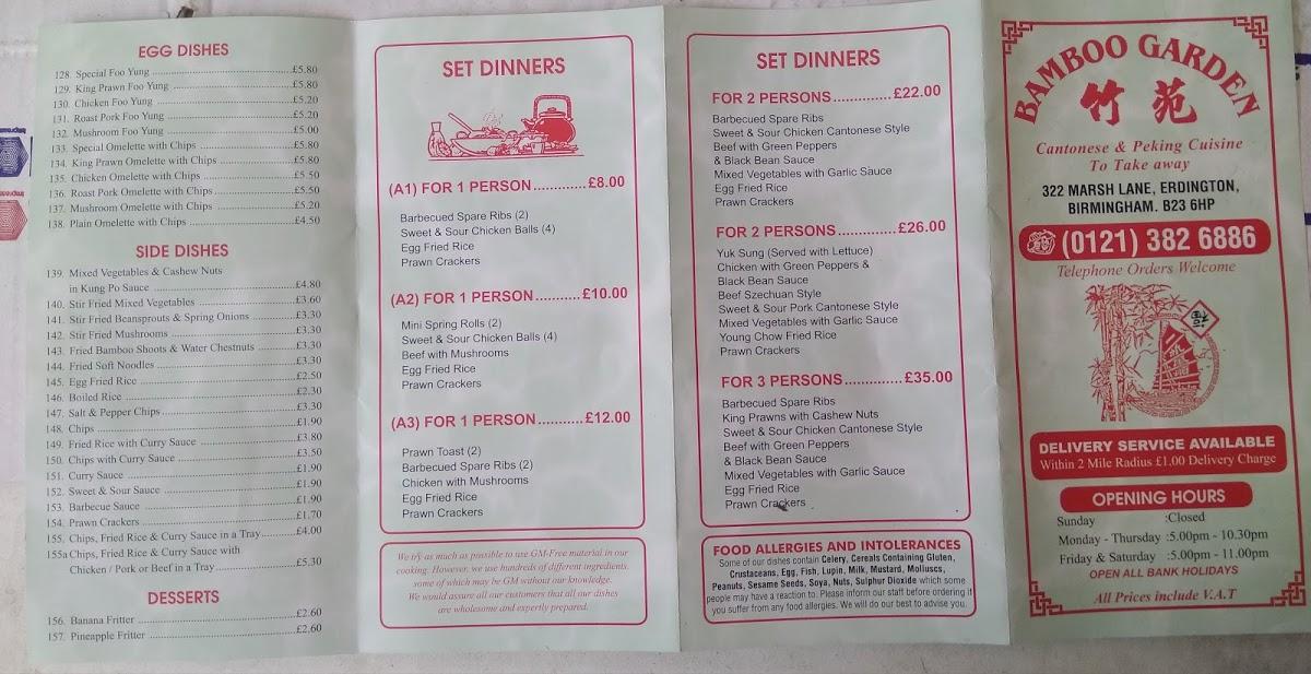 Menu at Bamboo Garden Chinese Takeaway fast food, Birmingham