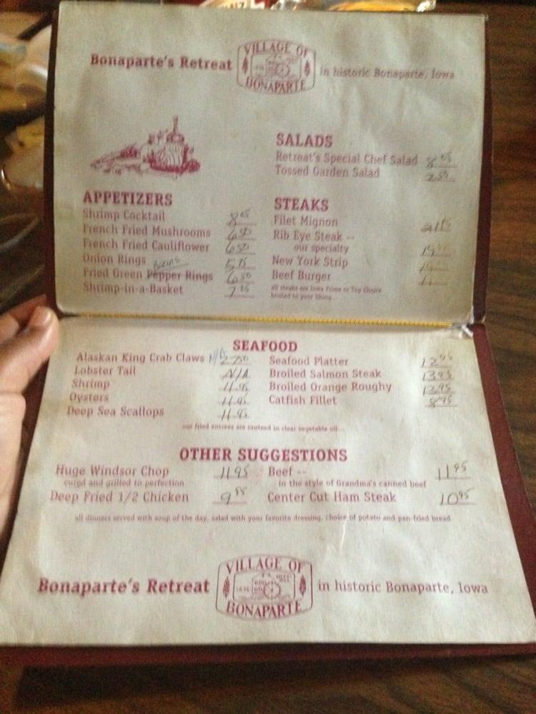 Menu at Bonaparte Retreat Bonaparte, Iowa steakhouse, Bonaparte