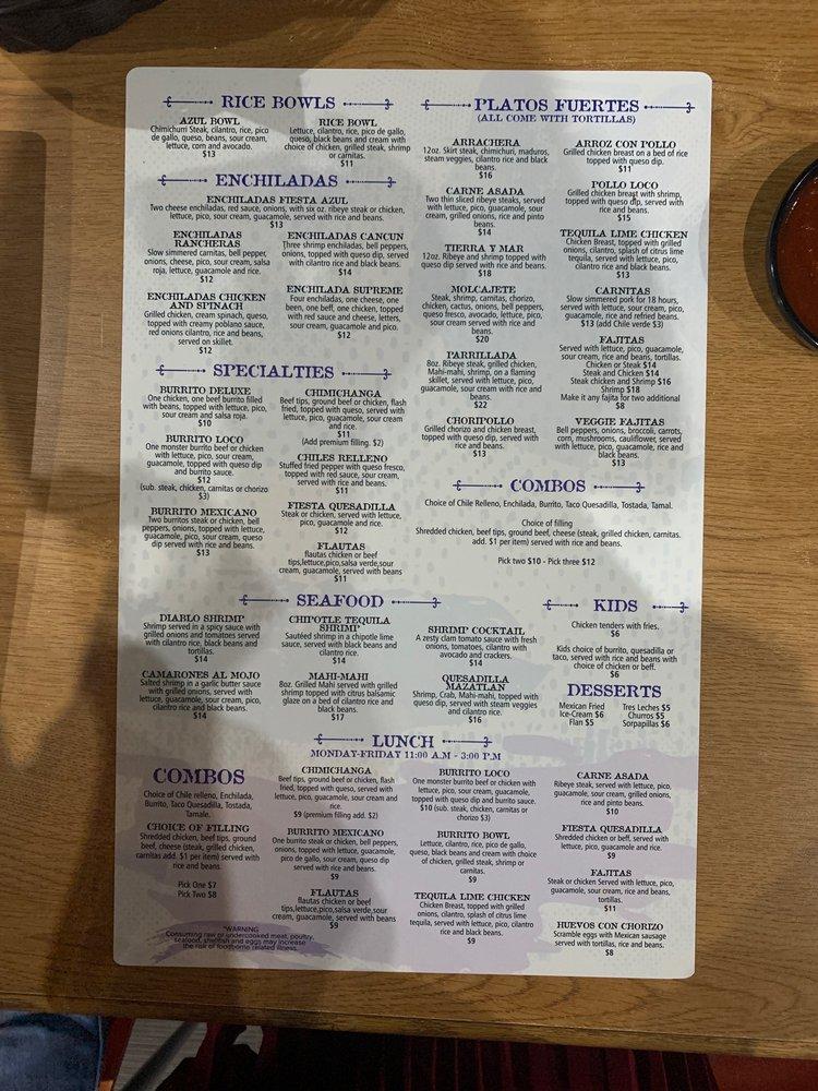 Menu at Fiesta Azul Tequila House pub & bar, Melbourne