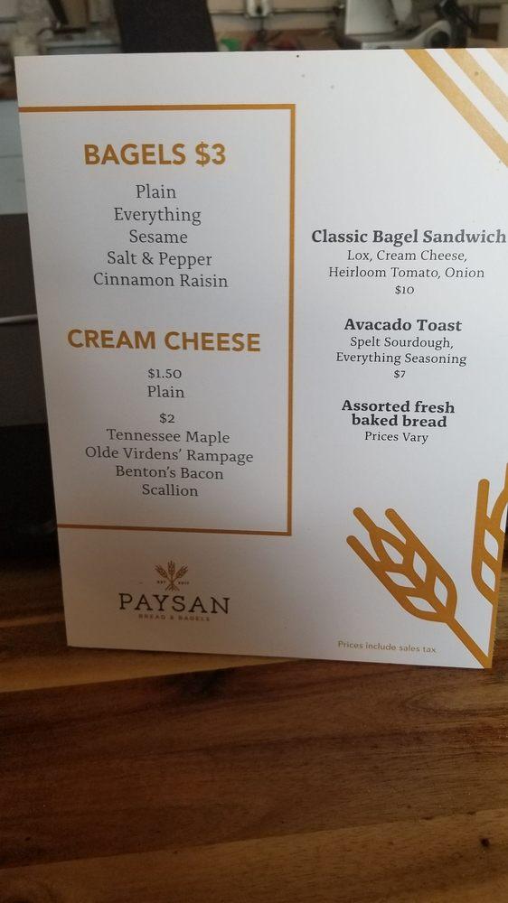 Menu at Paysan Bread & Bagels restaurant, Knoxville