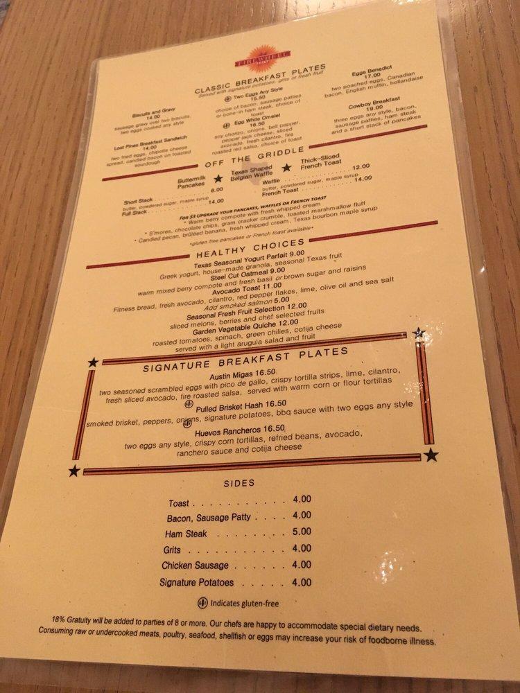 Menu at Firewheel Cafe at Hyatt Regency Lost Pines Resort and Spa, Wyldwood