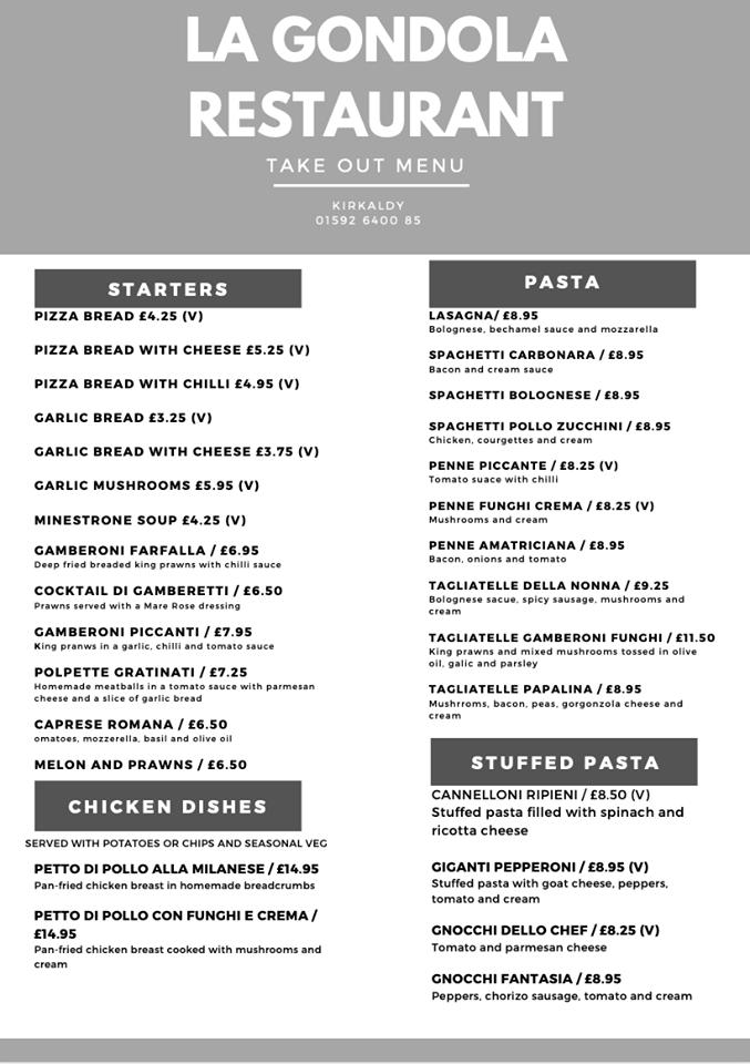 Menu at La Gondola restaurant, Kirkcaldy