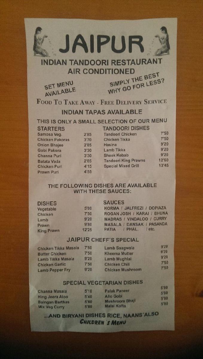 Menu at Jaipur Indian Tandoori Restaurant in Corralejo, Corralejo
