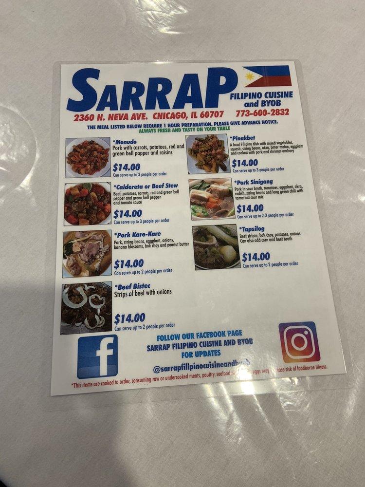 Menu at Sarrap Filipino Cuisine and BYOB restaurant, Chicago