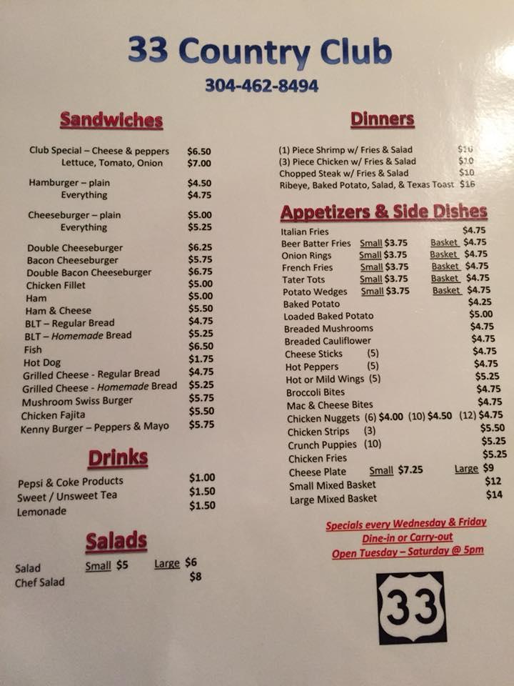 Menu at 33 Country Club, Glenville