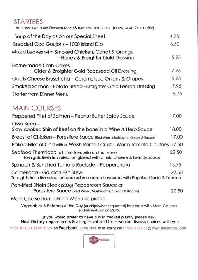 Menu At The Lime Tree Restaurant Limavady Limavady