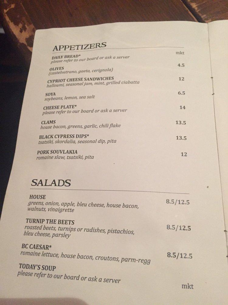 Menu at The Black Cypress restaurant, Pullman