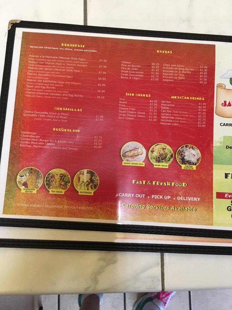 Menu at Javi's Burritos restaurant, Glen Ellyn