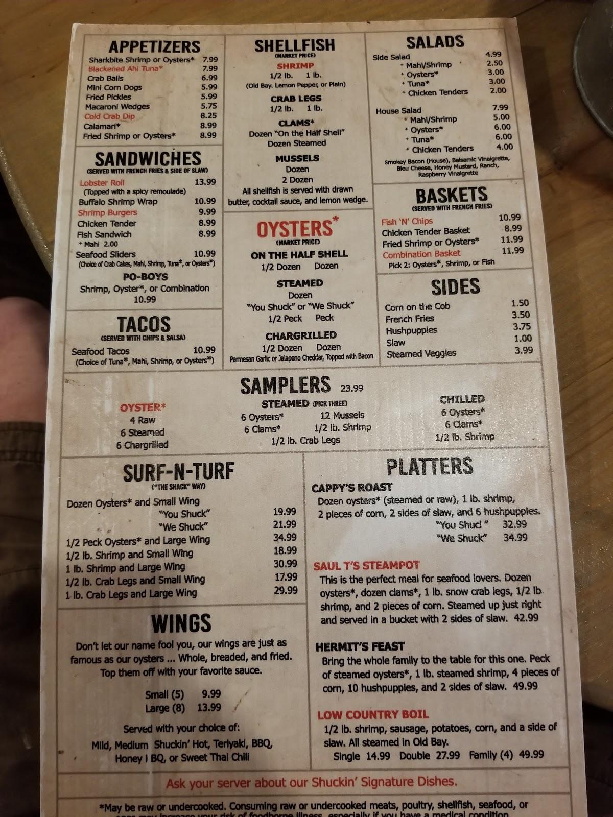 Menu at Shuckin' Shack Oyster pub & bar, Morehead City