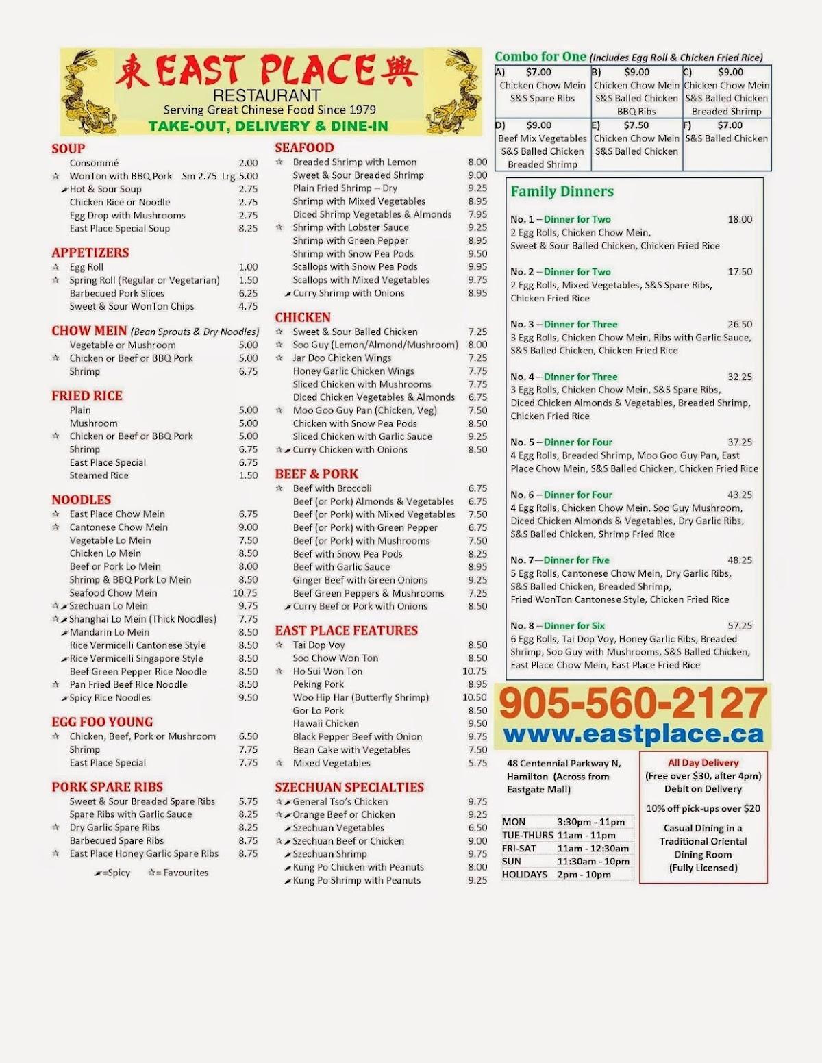 Menu at East Place Chinese Restaurant, Hamilton
