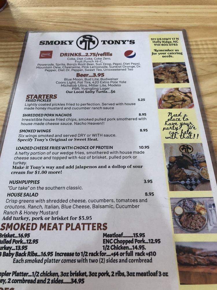 Menu at Smoky Tony's Bbq, Holly Ridge
