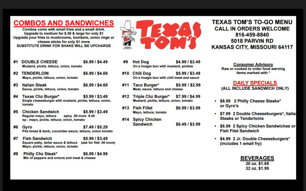Menu at Texas Toms fast food, Kansas City, NE Parvin Rd 2050