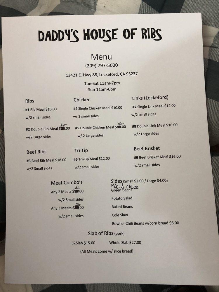 Menu at Daddy's House of Ribs BBQ, Lockeford