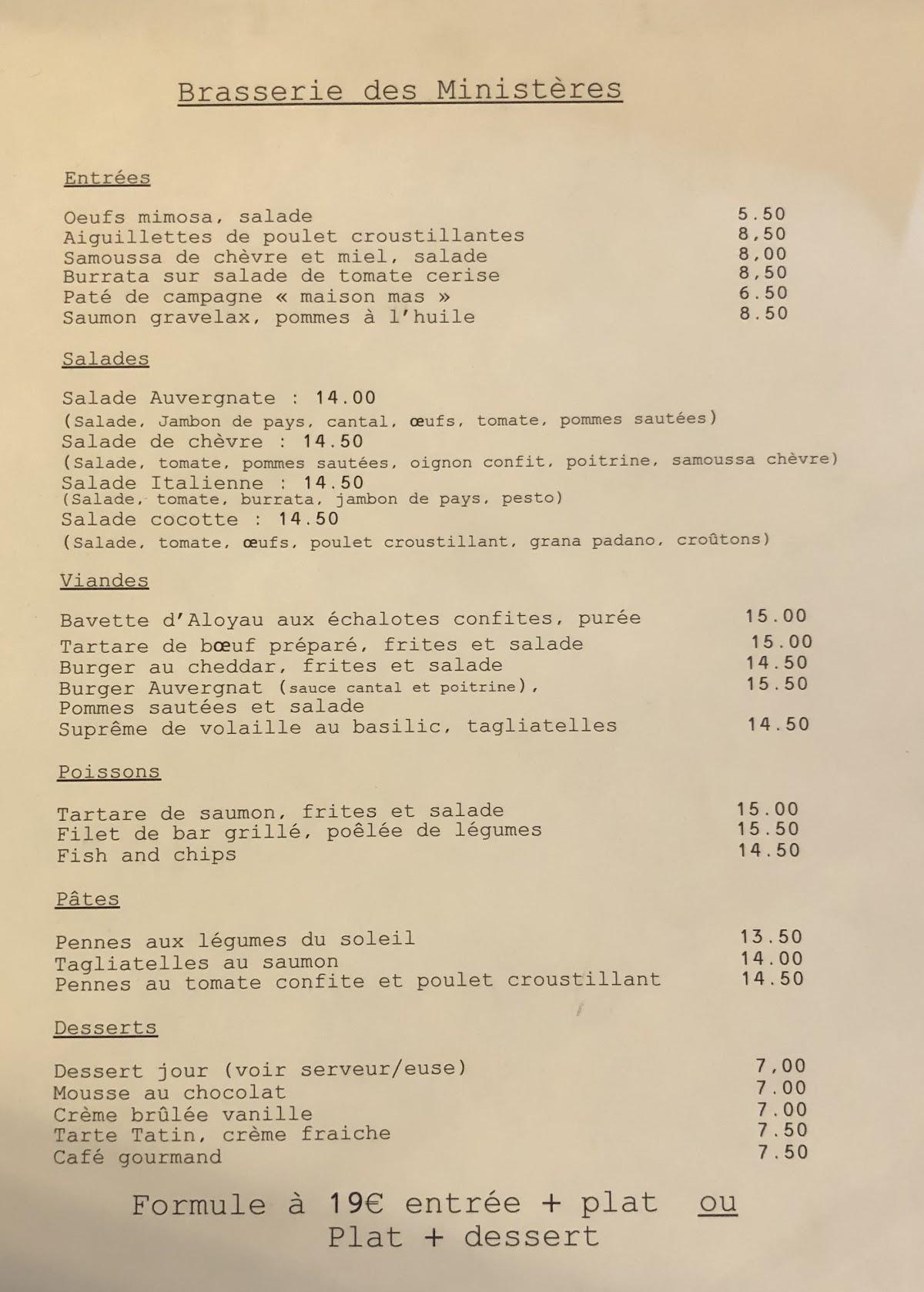 Menu at Brasserie des Ministères restaurant, Paris, 43 Rue Vaneau