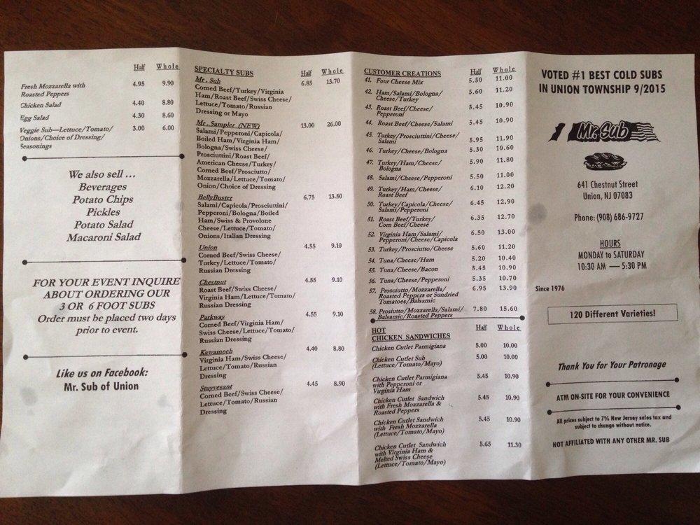 Menu at Mr. Sub of Union fast food, Union, 406 Chestnut St