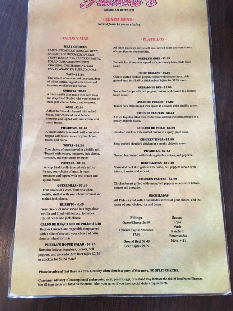 Menu at Puebla's Mexican Kitchen restaurant, Houston