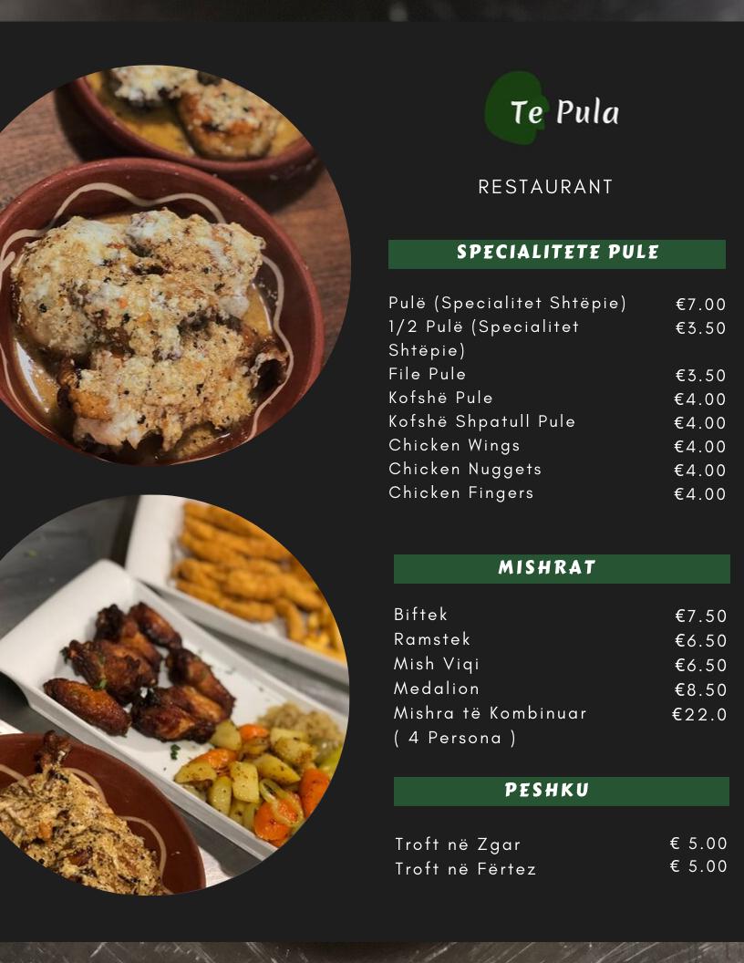 Menu at Te Pula Restaurant, Prishtina, Tahir Zajmi