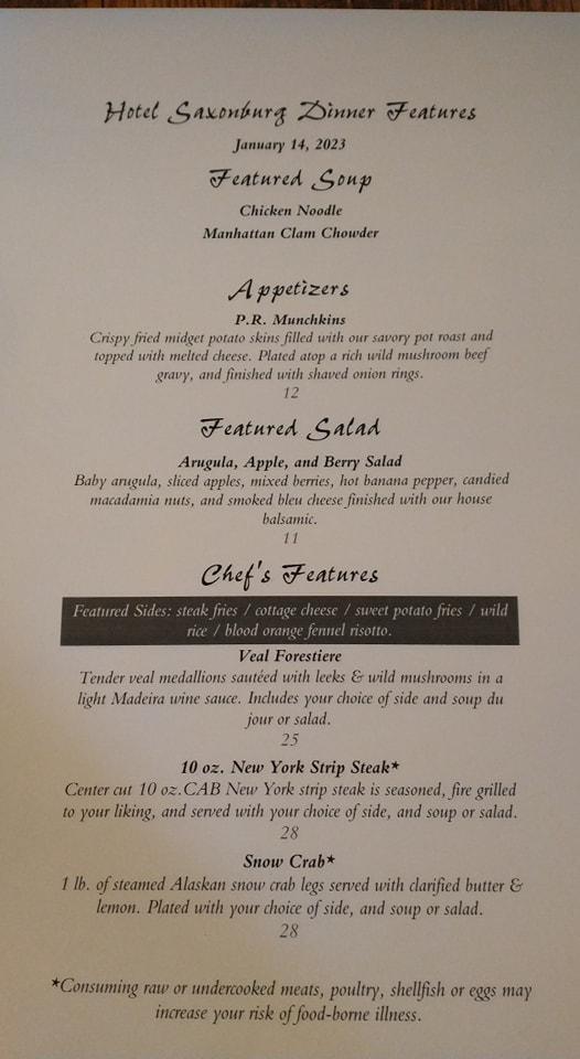 Menu at Hotel Saxonburg restaurant, Saxonburg