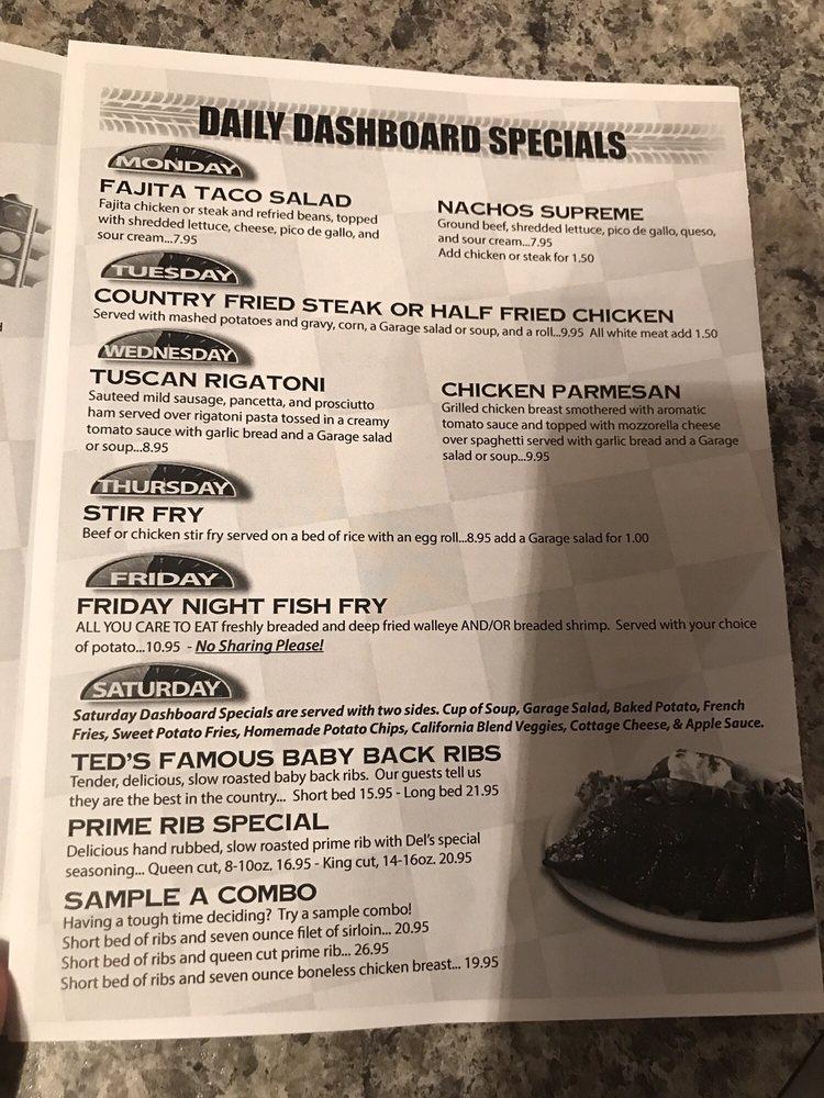 Menu at Ted's Garage restaurant, Clinton