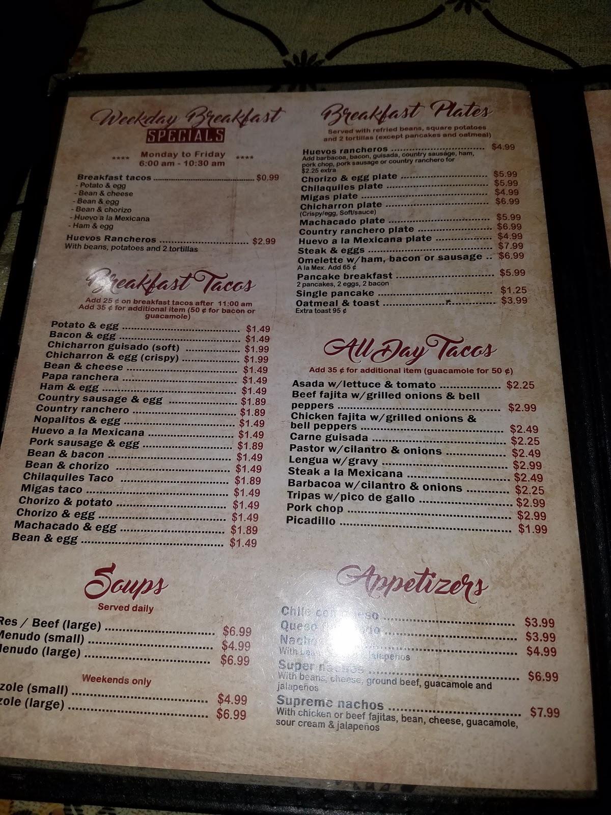 Menu at La Montanita restaurant, San Antonio, Rigsby Ave