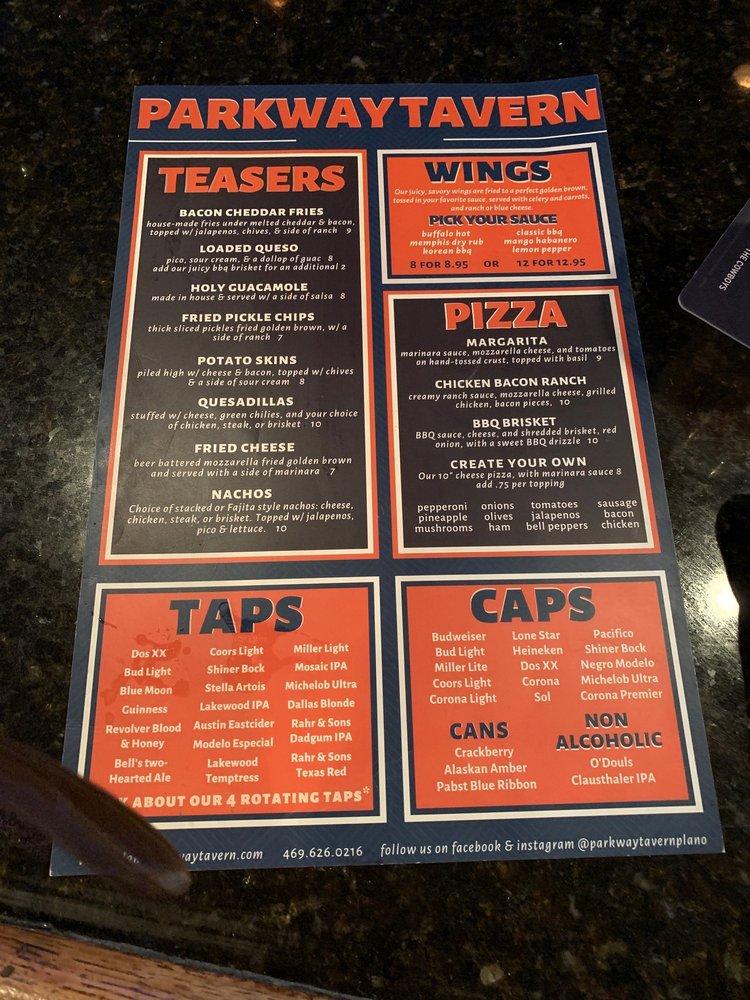 Menu at Parkway Tavern and Grill pub & bar, Plano, 3645 Dallas Pkwy
