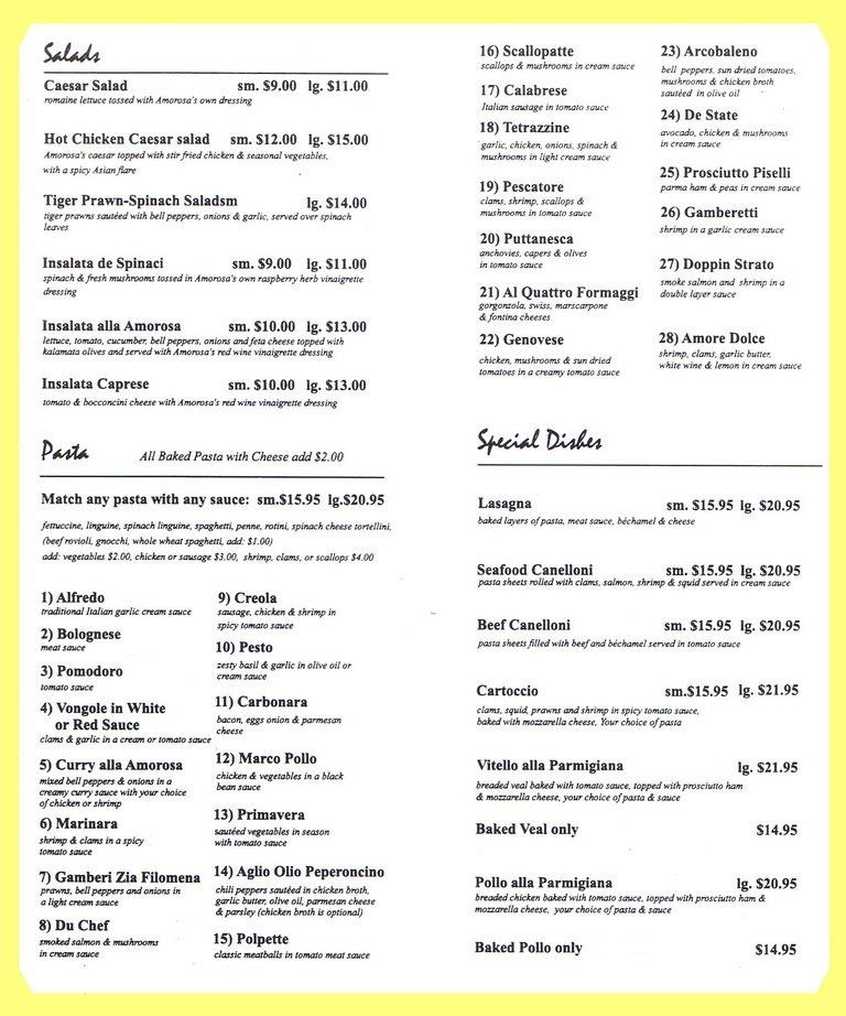 Menu at Amorosa Pasta House restaurant, Burnaby