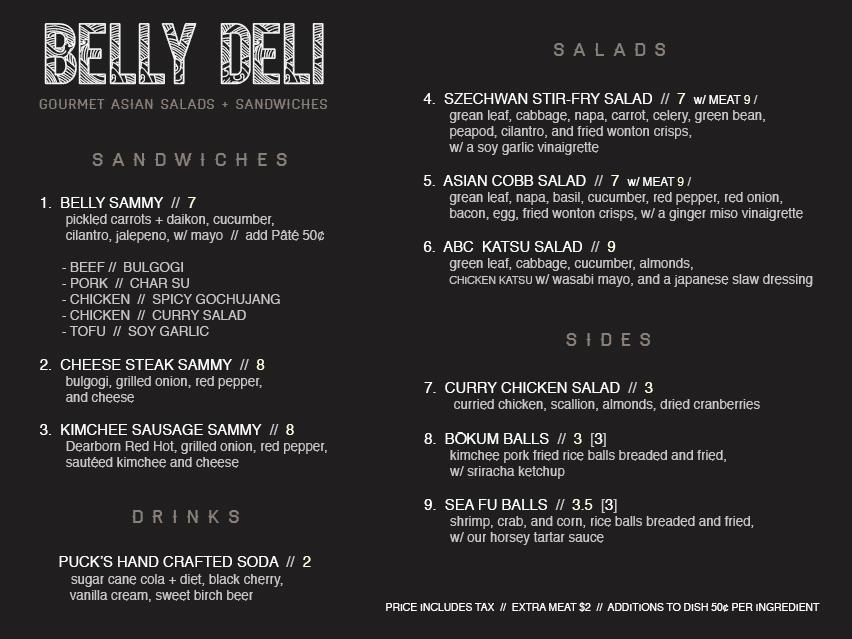 Menu at Belly Deli restaurant, Ann Arbor