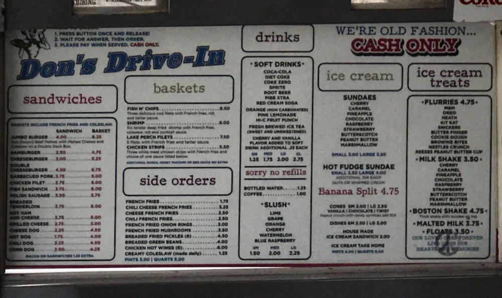 Menu at Don's Drive-In fast food, Kentland