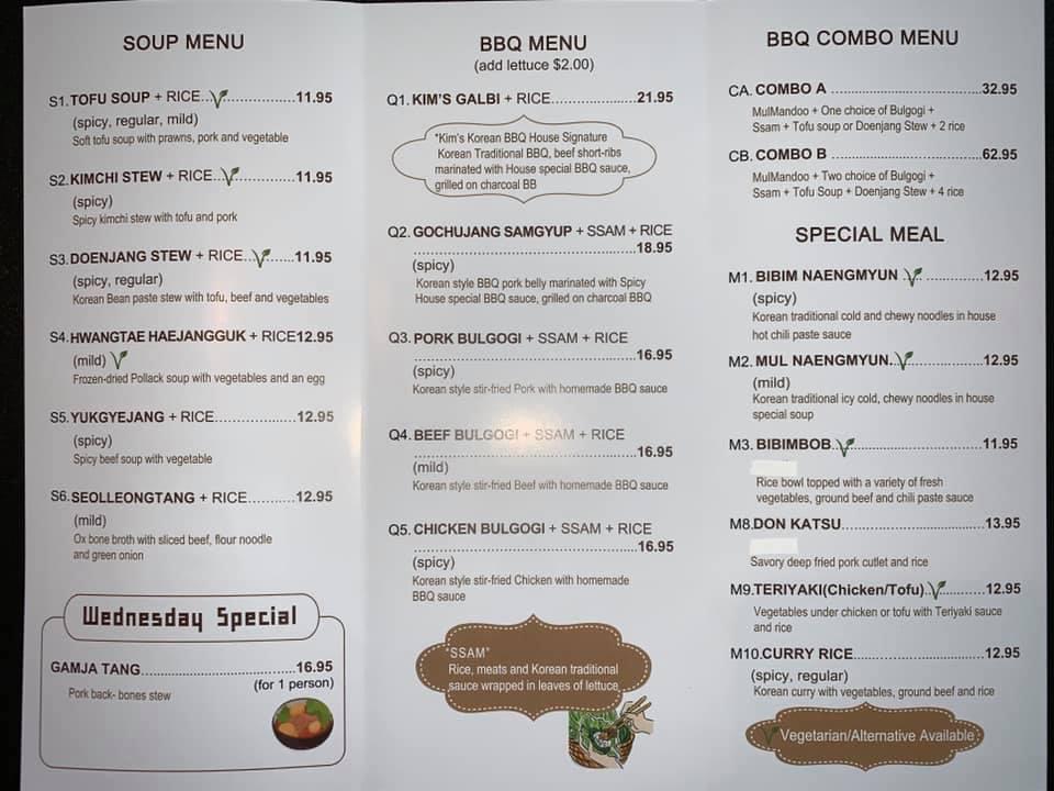 Menu at Kim's Korean BBQ House, Nanaimo