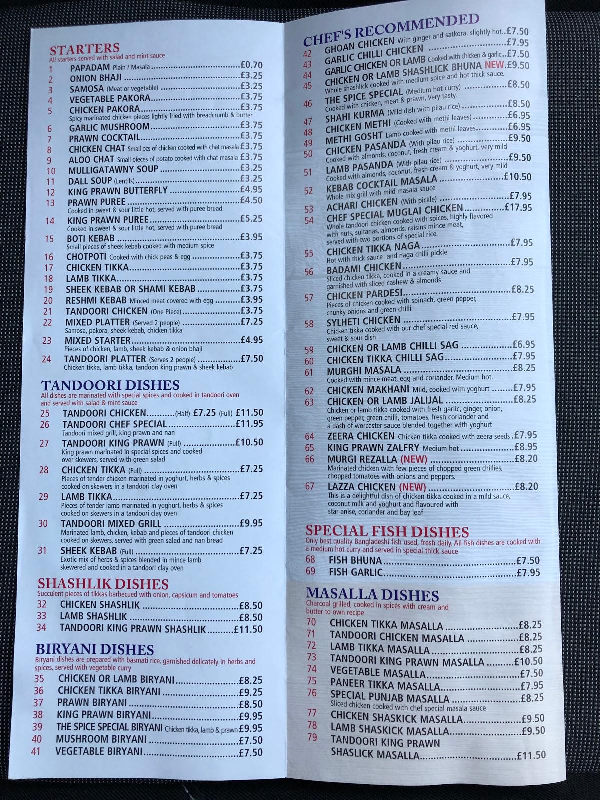Menu at The Spice, Saffron Walden