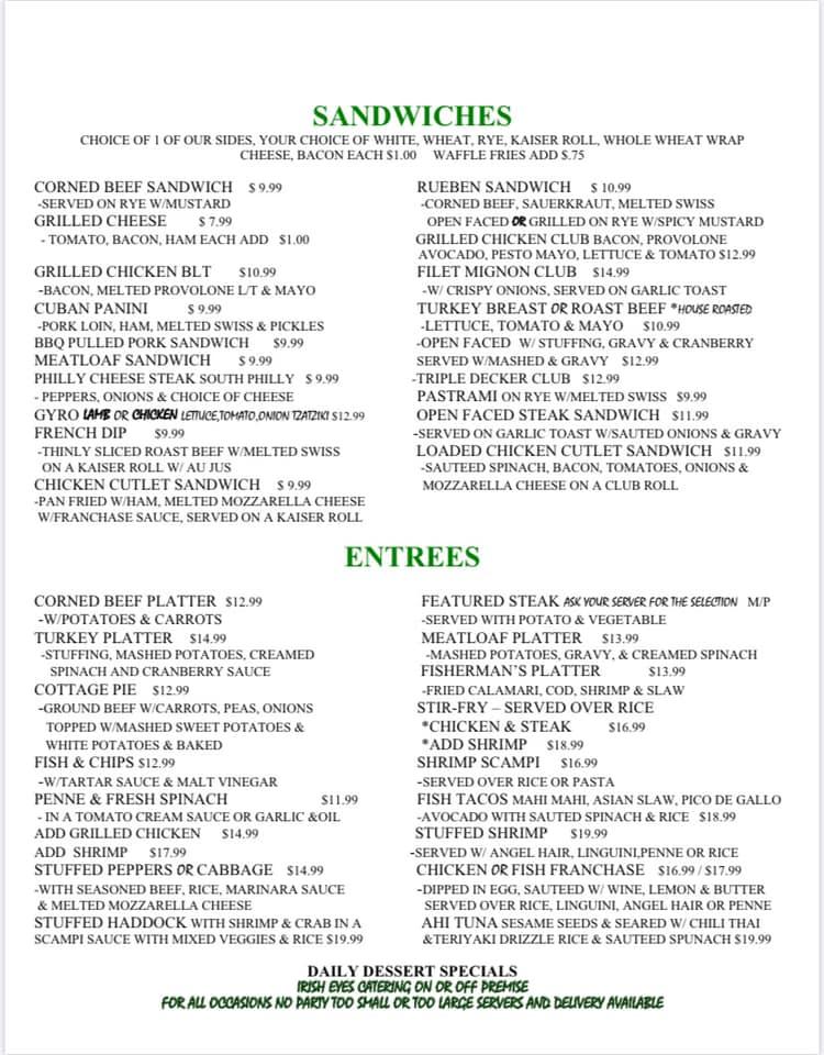 Irish Eyes Pub Restaurant Menu