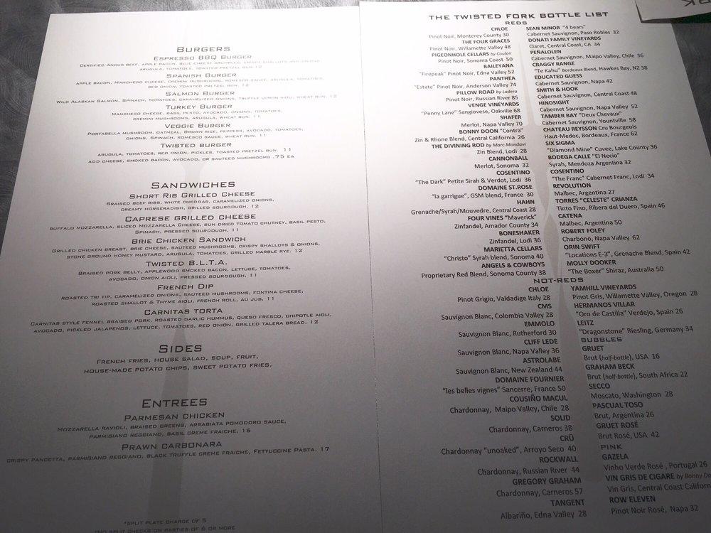 Menu at The Twisted Fork restaurant, Reno