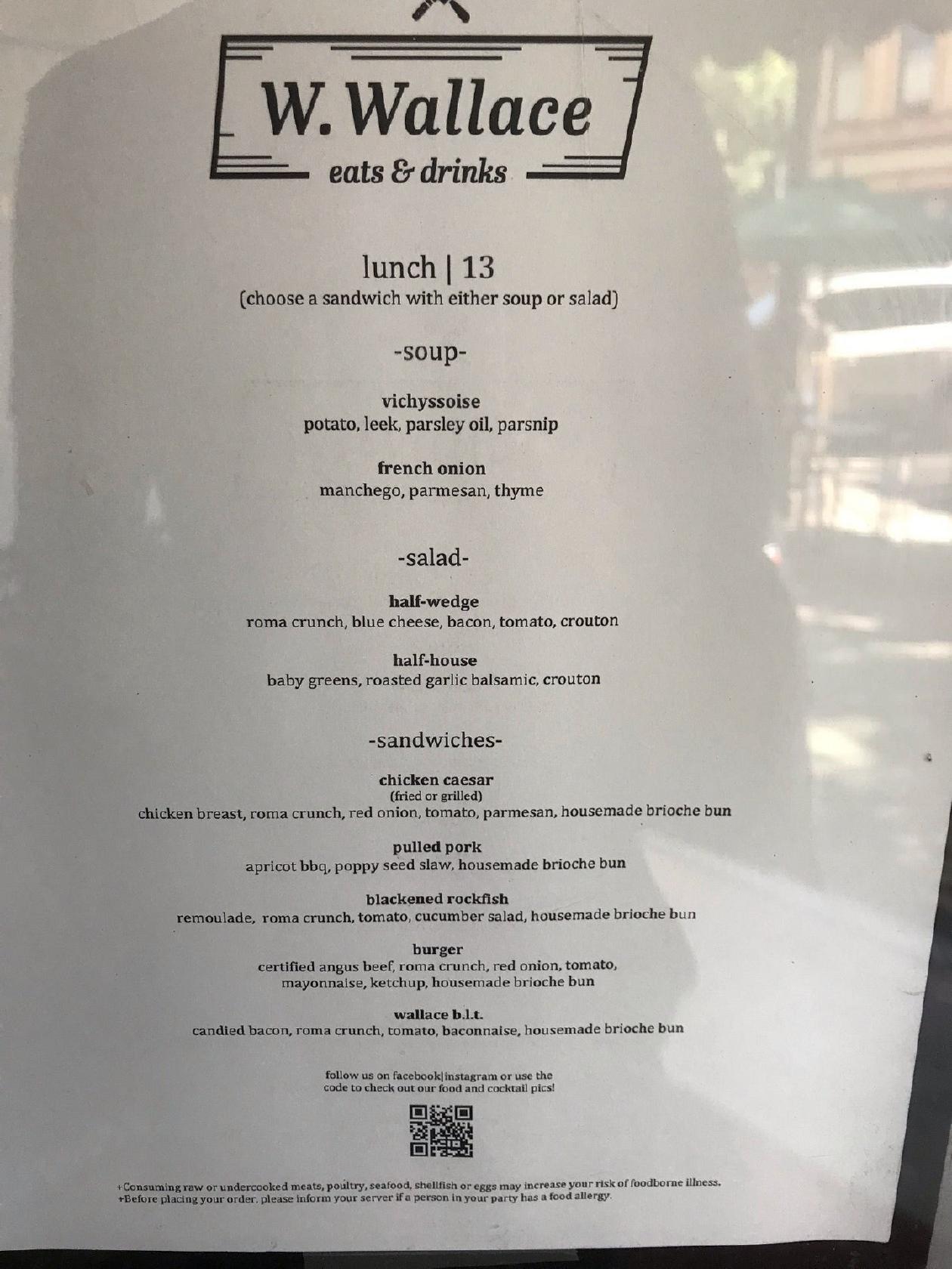 Menu at W Wallace pub & bar, Salem