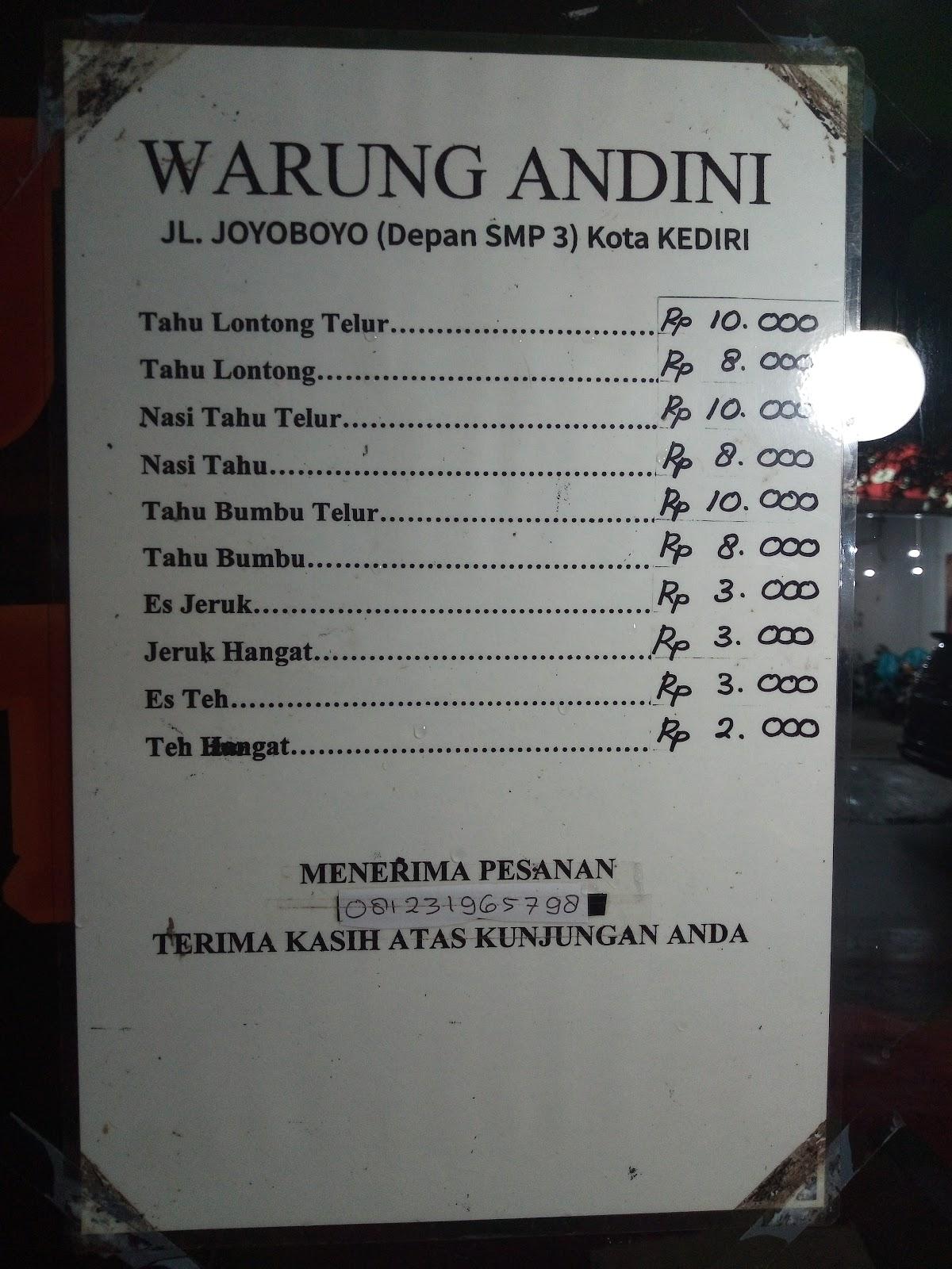 Menu at Warung ANDINI restaurant, Kediri