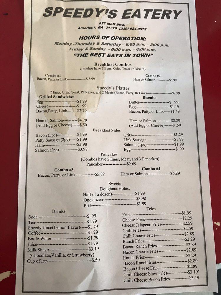 Menu at Speedy's Eatery restaurant, Americus, 502504 Allen St