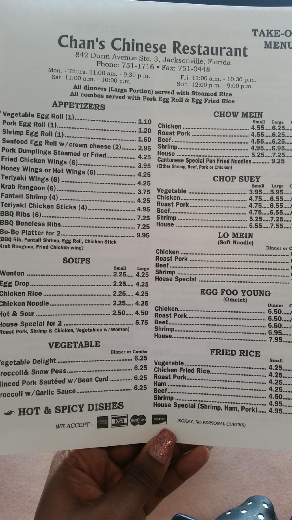 Menu at Chan's Chinese Restaurant, Jacksonville, 842 Dunn Ave #3