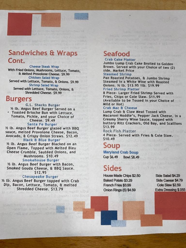 Menu at G.L. Shacks Grill pub & bar, Eldersburg